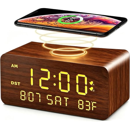 Wooden Digital Alarm Clock with Wireless Charging, 0-100% Adjustable Brightness Dimmer and Alarm Volume, Weekday/Weekend Mode, Dual Alarm, Snooze, 12/24H, Wood LED Clock for Bedroom (Brown)