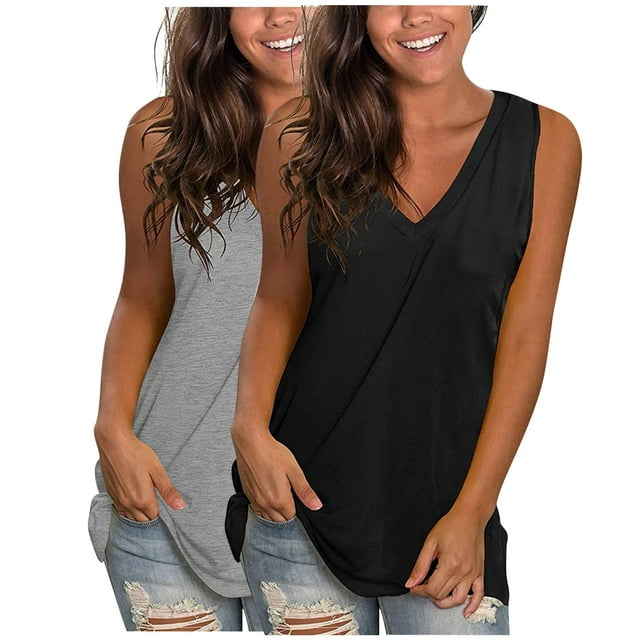 Timegard 2pc Tank Top for Women V Neck Loose Workout Sleeveless Top Casual Comfy Solid Color Basic Tee