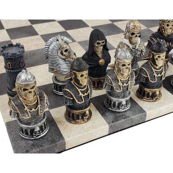 Medieval Times Gothic Skull Busts Chess Set 14.5" Dusky Black Faux Leather Board