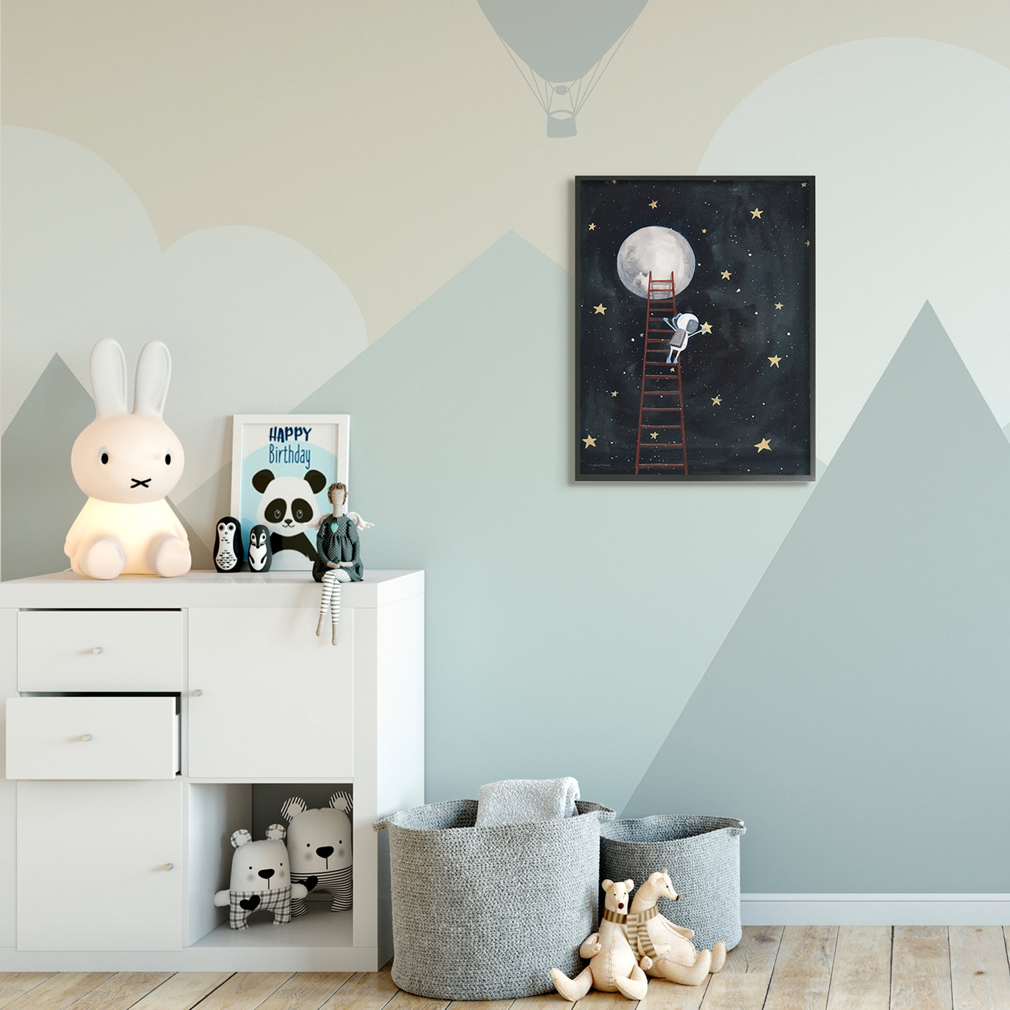 Stupell Industries Astronaut Hanging Stars Outer Space Ladder to Moon Graphic Art Black Framed Art Print Wall Art, 24x30, by Rachel Nieman