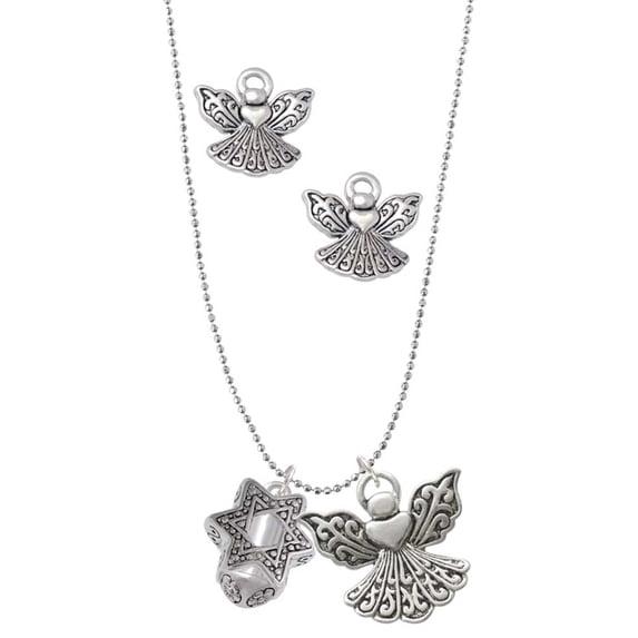 Delight Jewelry Silvertone Star of David Spinner Silver tone Guardian Angel Charm Necklace and Stud Earrings