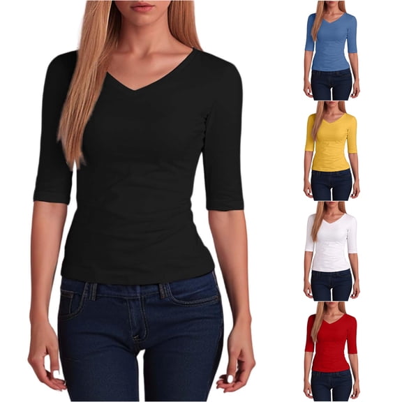 XIAONU Women's Solid V Neck T Shirt Elbow Sleeve Slim Fit Basic Daily Top