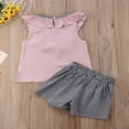 thumbnail image 3 of AMERTEER Baby Girl Ruffle Bow T-Shirt Tops Plaid Shorts Pants 2pcs Outfit Set, 3 of 6