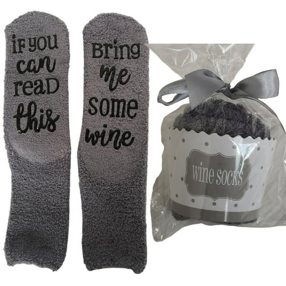Milue Women Winter Fuzzy Plush Slipper Crew Socks If You Can Read This Bring Me Some Wine Phrase Warm Hosiery Funny Gifts with Cupcake Gift Packaging