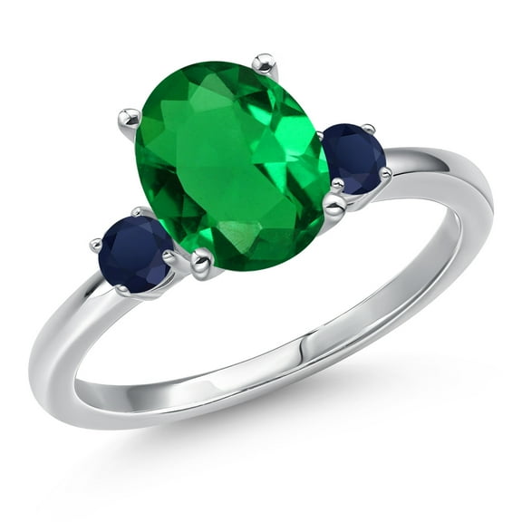Gem Stone King 14K White Gold Green Nano Emerald and Blue Sapphire Engagement Ring for Women | 2.30 Cttw | Oval 10X8MM | Gemstone May Birthstone | Size 5