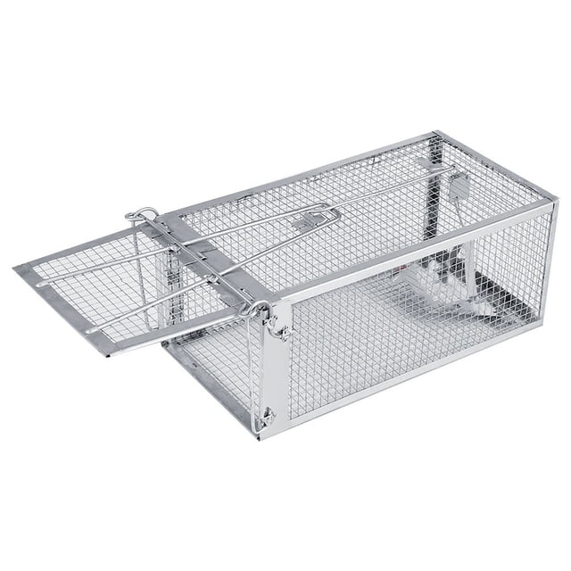 trampa para ratones jaula trampa para ratas 262x14x114 cm jaula trampa para ratas pequeño animal vivo plagas roedores ratones control cebo captura nueva jaula rectangular de alambre galvanizado plata de 26.2 x 14 x 11.4 cm, vista 3/4 frontal con puerta articulada y pasador de bloqueo automático, bandeja para cebo interna visible, instalación y uso sencillos; adecuada para captura de plagas vivas en casas, restaurantes o almacenes y también usada a veces para traslado temporal de animales pequeños.