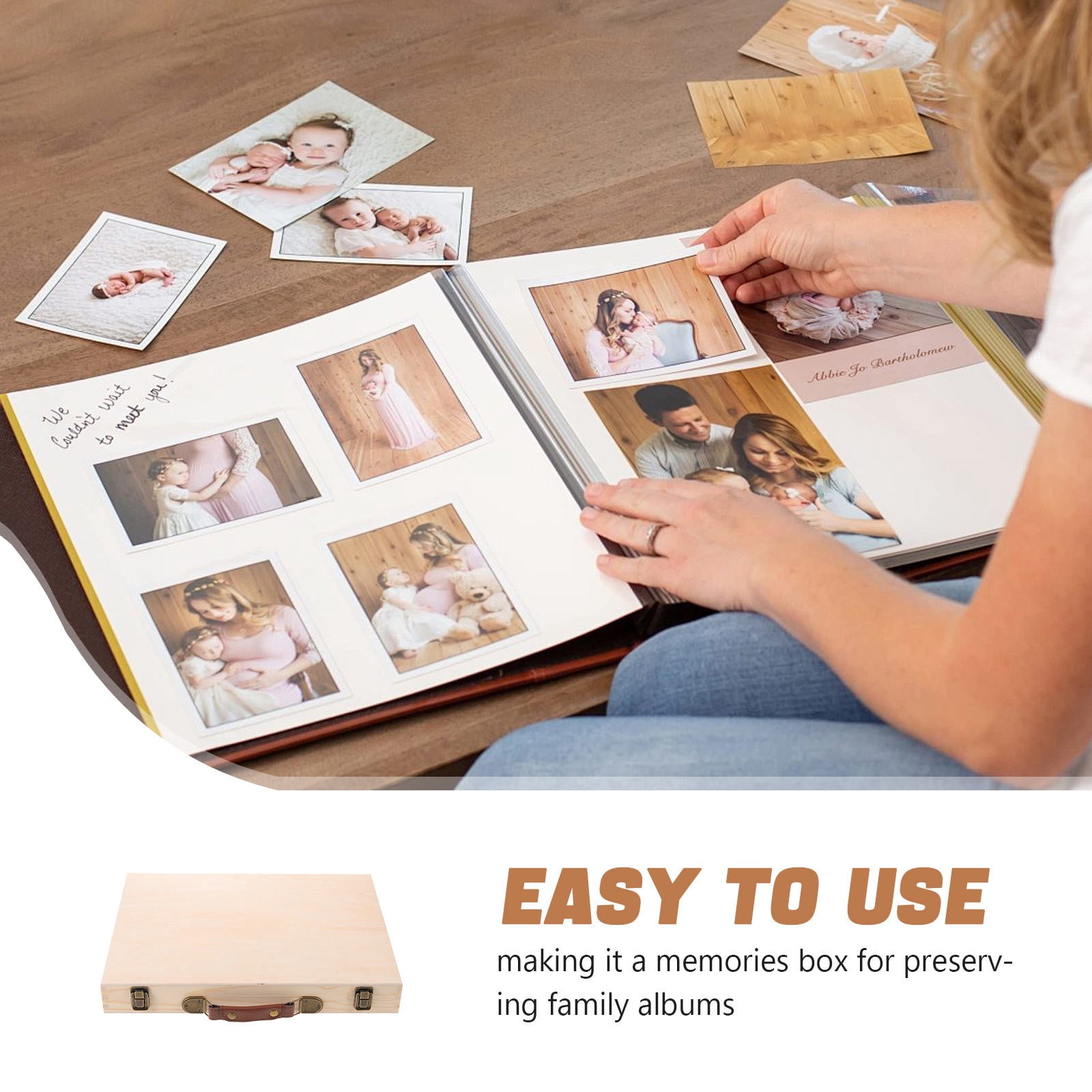 Luxshiny Vintage Beige Wood Photo Organizer Storage Box with Lid Desktop Decorative Keepsake Crate