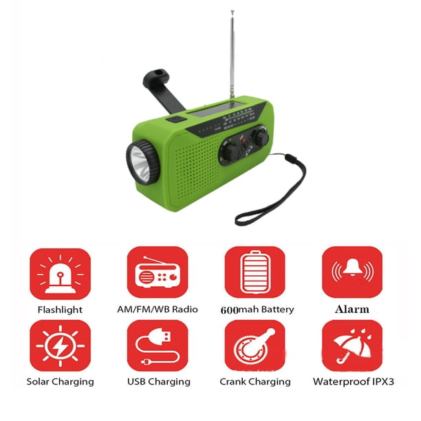 Radio Meteorológica Multiusos - Manivela, Solar Y USB, Linterna LED