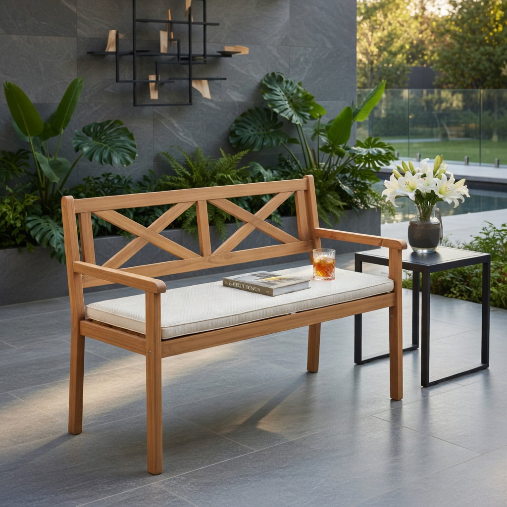 Hommoo 2-Person Acacia Wood Patio Bench with Armrests & Ergonomic Backrest, Teak Outdoor Garden Chair for Deck, Porch, Poolside, Natural