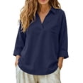 thumbnail image 2 of VBVC Women's Cotton Linen Look Blouse,V-Neck 3/4 Sleeve Shirt For Women,Ladies Summer Work Office Tops with Pocket,Navy,S-3XL, 2 of 7