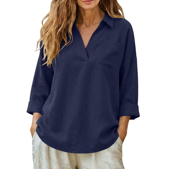 yardsong Women's Linen Shirt Gauze Long Sleeve Collared V Neck Blouse Summer Vacation Boho Seniors Tunic Tops with Pocket Navy,S