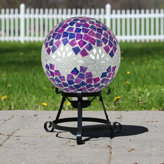 Northlight Mosaic Floral Outdoor Garden Gazing Ball - 10" - Purple, Pink and Silver