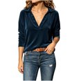 thumbnail image 2 of thefmos Women's V Neck Collared Long Sleeve Velvet Blouse Loose Fit Solid Color Casual Top Fashion Fall Winter Outfit, Blue M, 2 of 7