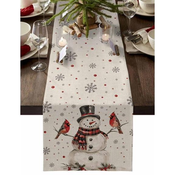 Table Runner Dresser Scarves 70 Inch Long, Merry Christmas Snowman Red Bird Linen Dining Table Runners Winter Snowflake on Burlap Tabletop Scarf for Wedding Holiday Party Kitchen
