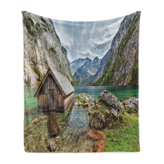 Landscape Soft Flannel Fleece Blanket, Dock on the Lake with Small Shed Alpine Mountains Germany European Nature Photo, Cozy Plush for Indoor and Outdoor Use, 50" x 70", Multicolor, by Ambesonne