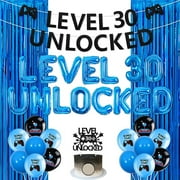 Level 30 Unlocked Birthday Decorations, Level 30 Unlocked Balloon Banner Cake Topper Foil Fringe for Gamer 30th Birthday Party Decorations, Blue Black Video Game Party Supplies
