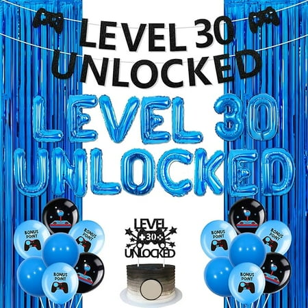Level 30 Unlocked Birthday Decorations, Level 30 Unlocked Balloon Banner Cake Topper Foil Fringe for Gamer 30th Birthday Party Decorations, Blue Black Video Game Party Supplies