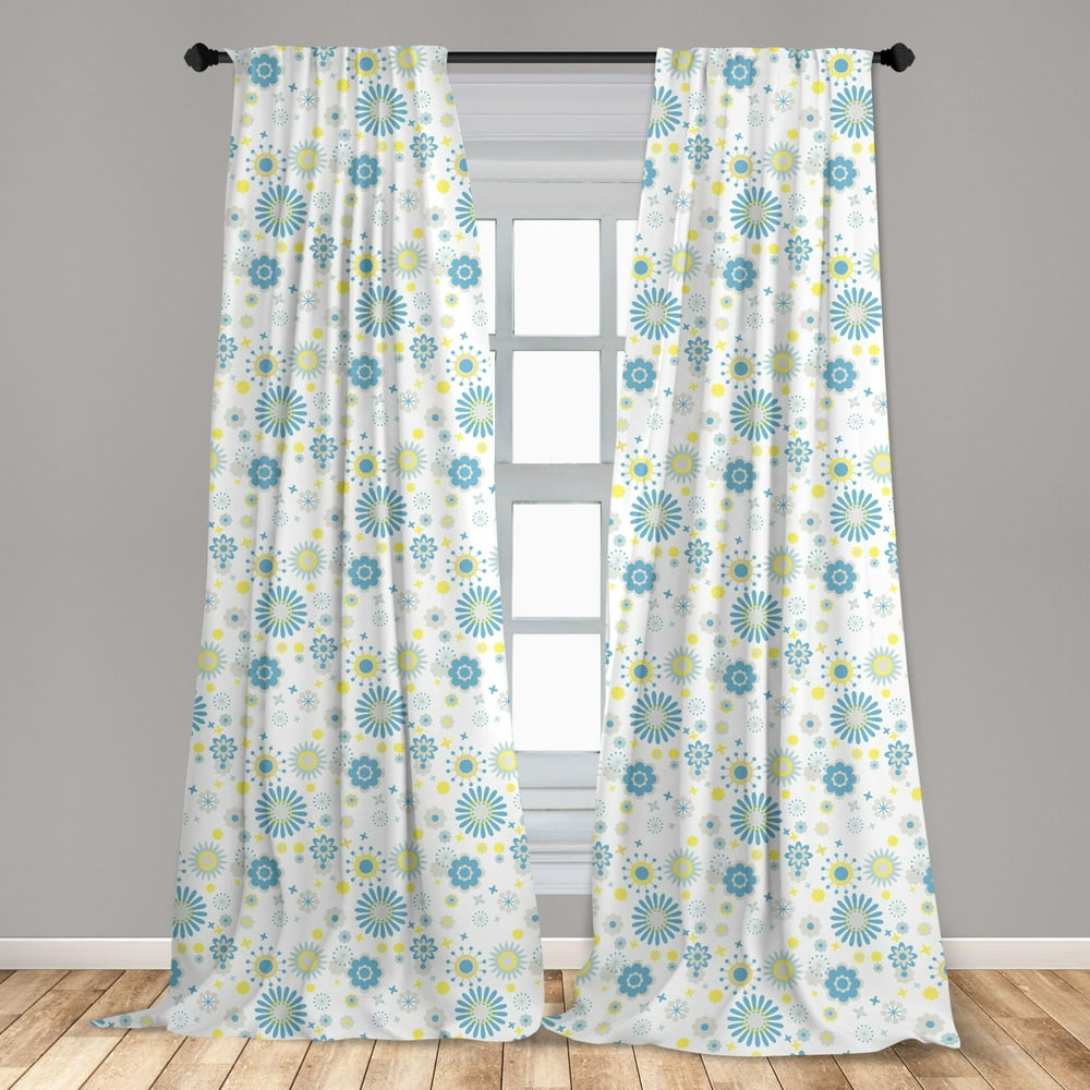 Yellow and Blue Curtains 2 Panels Set, Spring Nature Inspired Pattern