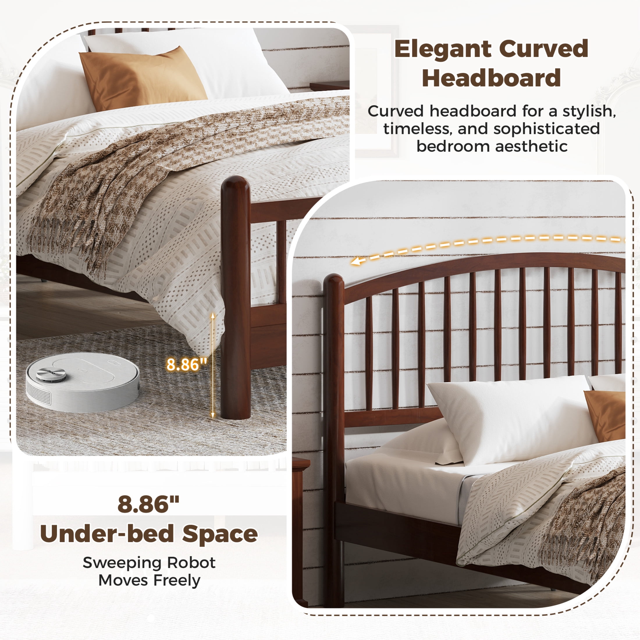 Noble House Alaric Queen Wood Platform Bed Frame, Arched Spindle Headboard, Noise-Free Foundation, Espresso
