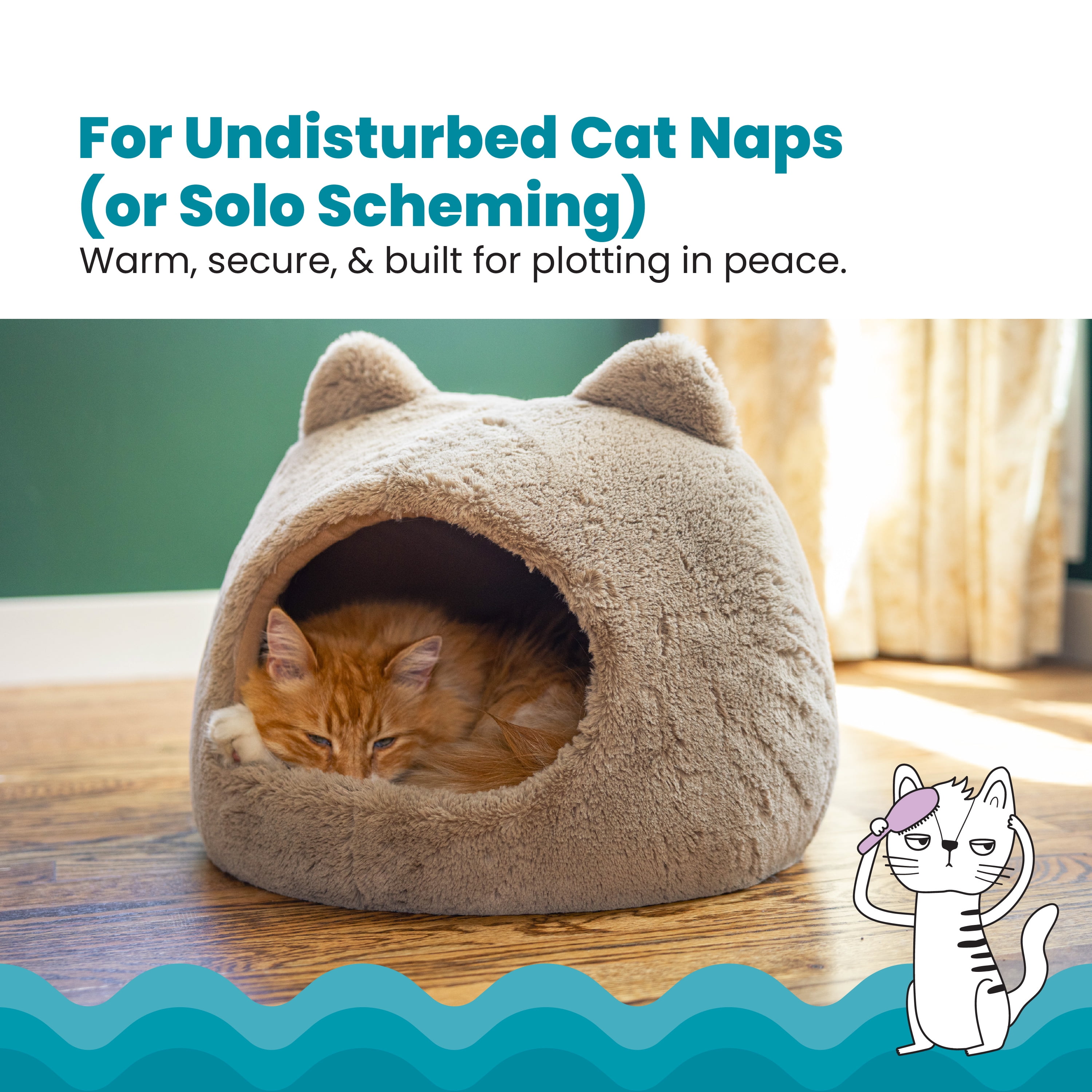 Catstages Meow Hut, Covered Cat Bed Cave for Indoor Cats, Cozy Enclosed with Removable Cushion, 16” x 15” x 15”, For Small Pets Up to 15 lbs, Tan, Small