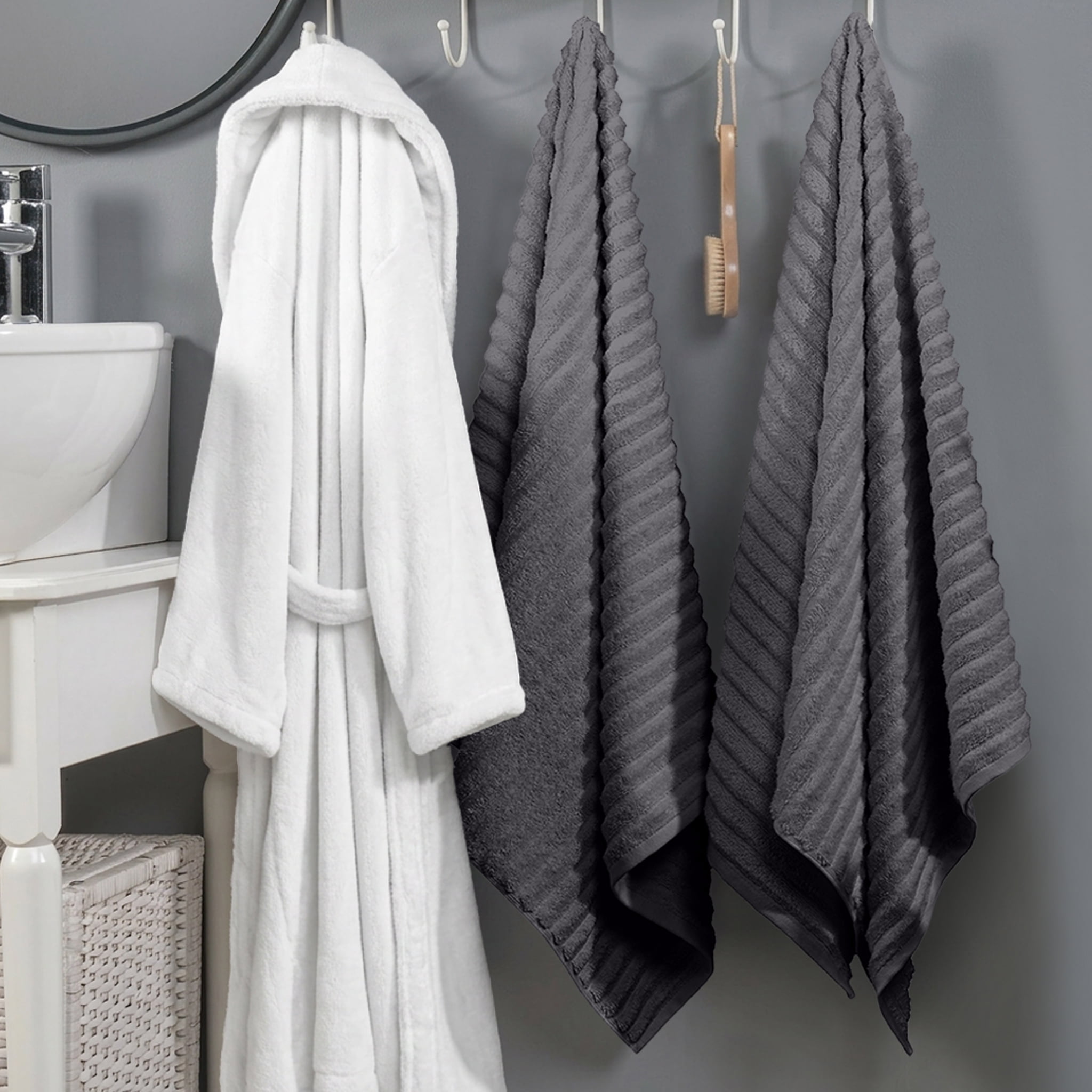 Elegant Comfort Men 3-Piece Spa Bath Set – Plush Bathrobe & 2 Ribbed Bath Towels, Thick Absorbent Hotel Quality Bathroom Essentials, Red Bath Towel, White Robe ,Large