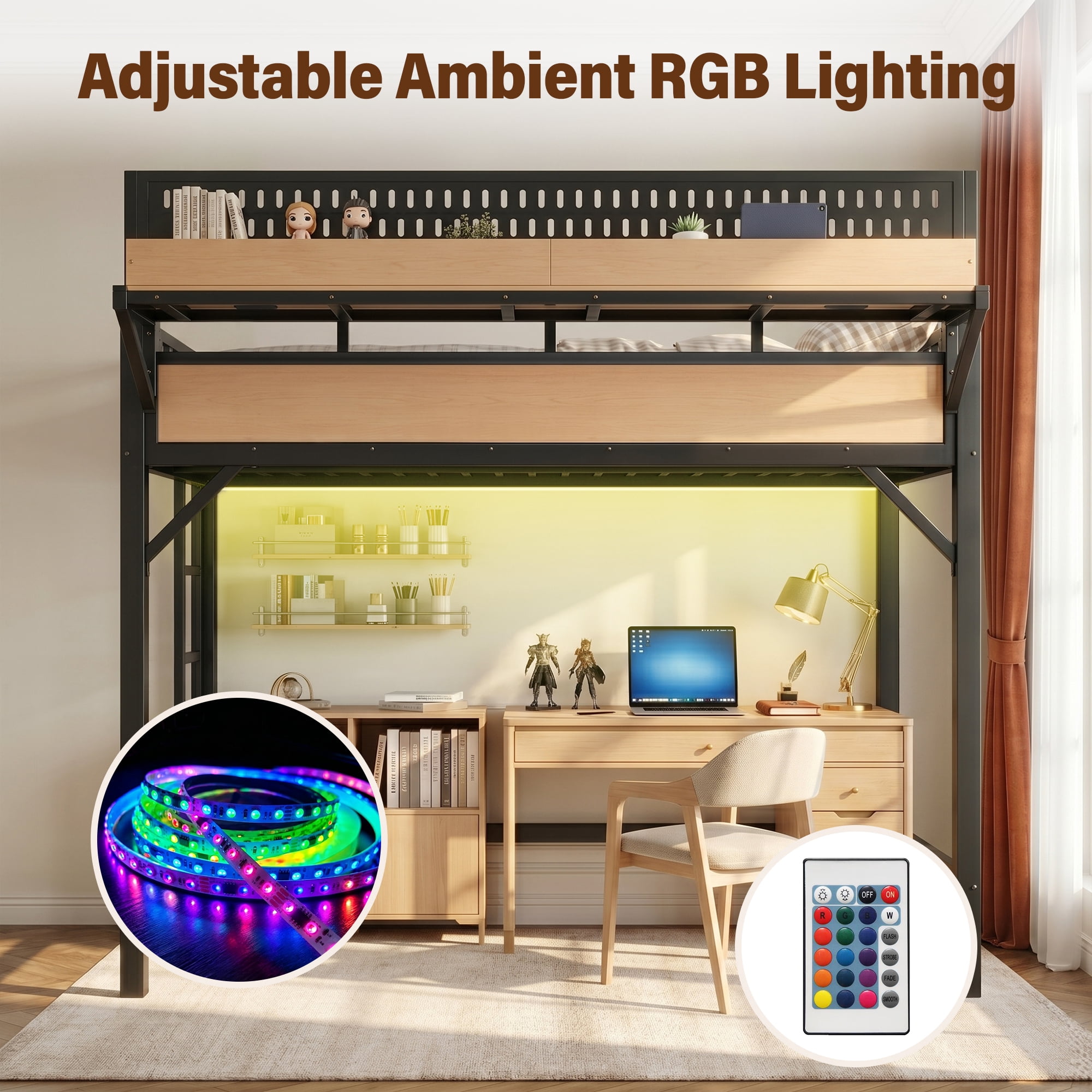 Aukfa Twin XL Metal Loft Bed with USB Charging Ports & LED Lights, Heavy Duty Loft Bed with Guardrails for Kids & Small Bedroom, Natural