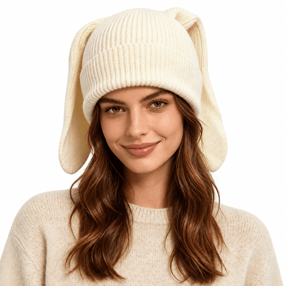 Babomareon Knit Beanie Hats Cute Bunny Long Ears Funny Hat Fluffy Winter Cap Warm Bunny Crochet Skull Cap