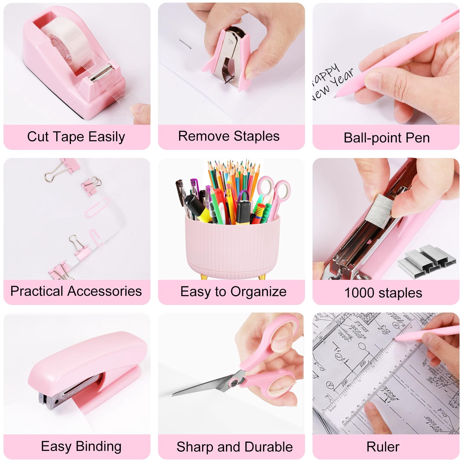 Pink Desk Organizers And Accessories Set With 360-degree Rotating Pen Holder  Tape Dispenser Stapler Staple Remover 1000 Staples Clips Ruler Scissor