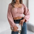 thumbnail image 4 of adaychics Cropped Blouses for Women Square Neck Ruched Lantern Long Sleeve Tie Back Crop Top Blouse for Vacation, 4 of 7