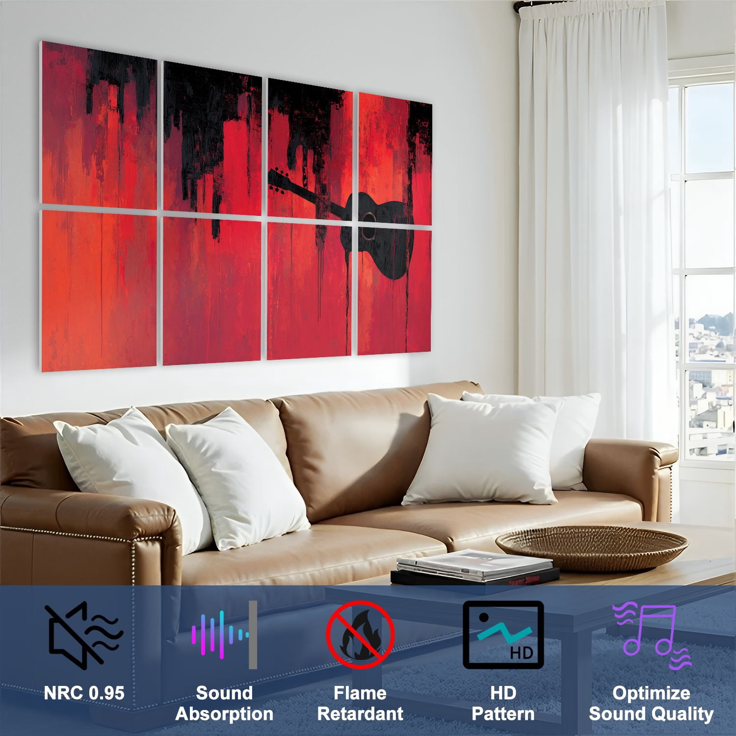 8 Pack Art Acoustic Panels Sound Absorbing Rust Guitar Music Sports Games Acoustic Guitar Silhouette Dripping Decorative Soundproof Wall Panels Self Adhesive for Nursery Game Room Bedroom 48"x32"