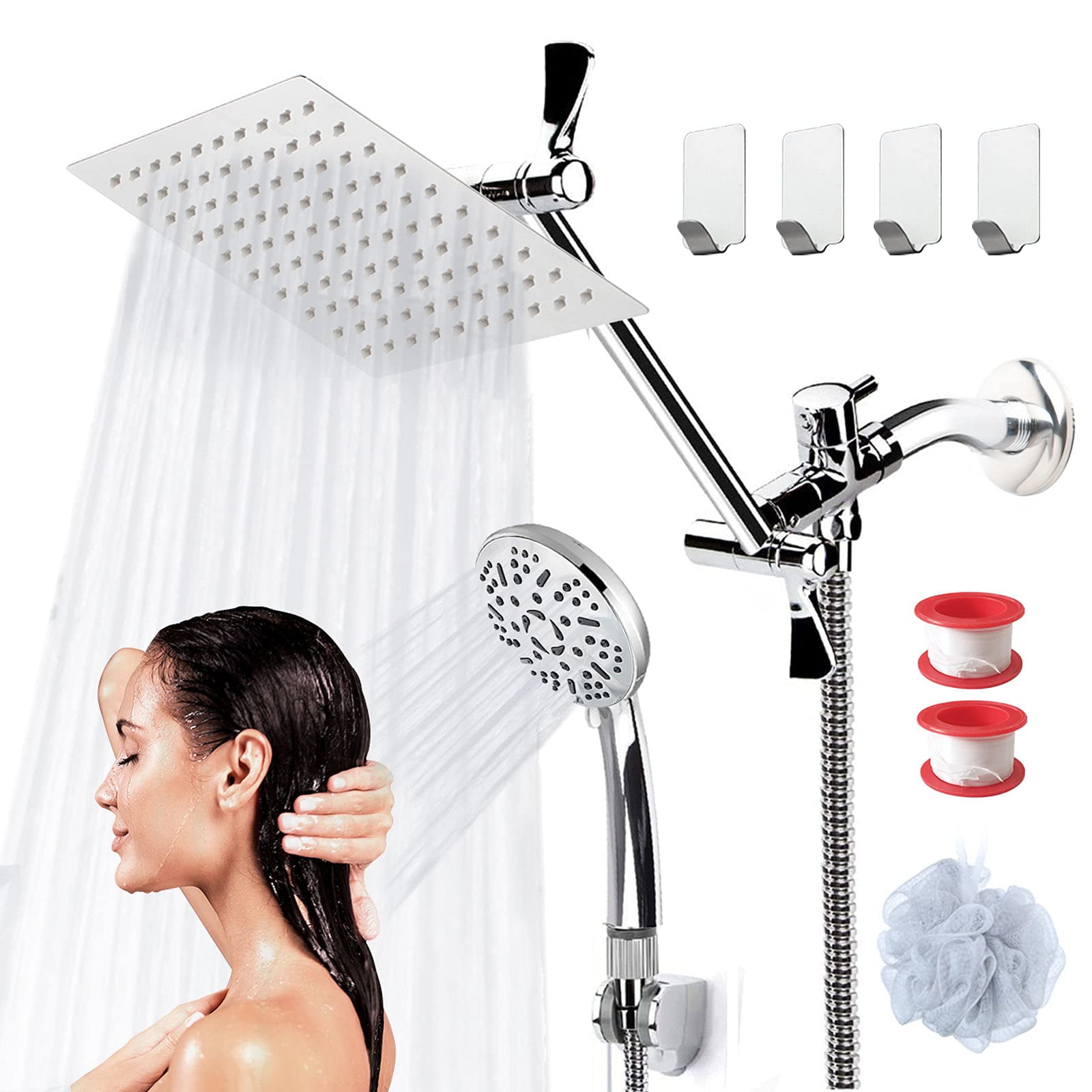 High Pressure 8'' Rainfall Stainless Steel Shower Head/Handheld Shower with ON/OFF Pause Switch Shower Combo with hose,Adhesive Shower Head Holder Shower Head with handheld 