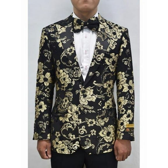 Alberto Nardoni Brand Mens Gold & Black Mens Prom Blazer Fashion Sport Coat Matching Bowti