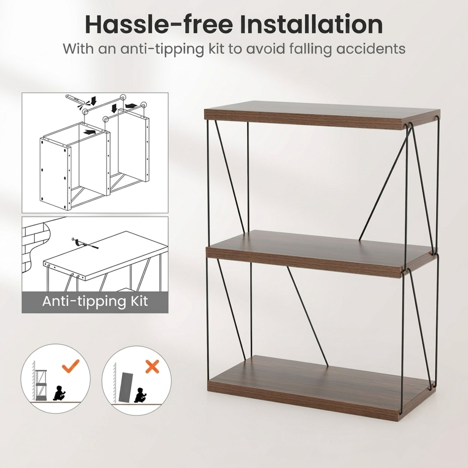 Furnibear 3-Tier Multipurpose Display Rack with Metal Frame for Living Room Home Office Bedroom Display Storage Shelf, Walnut