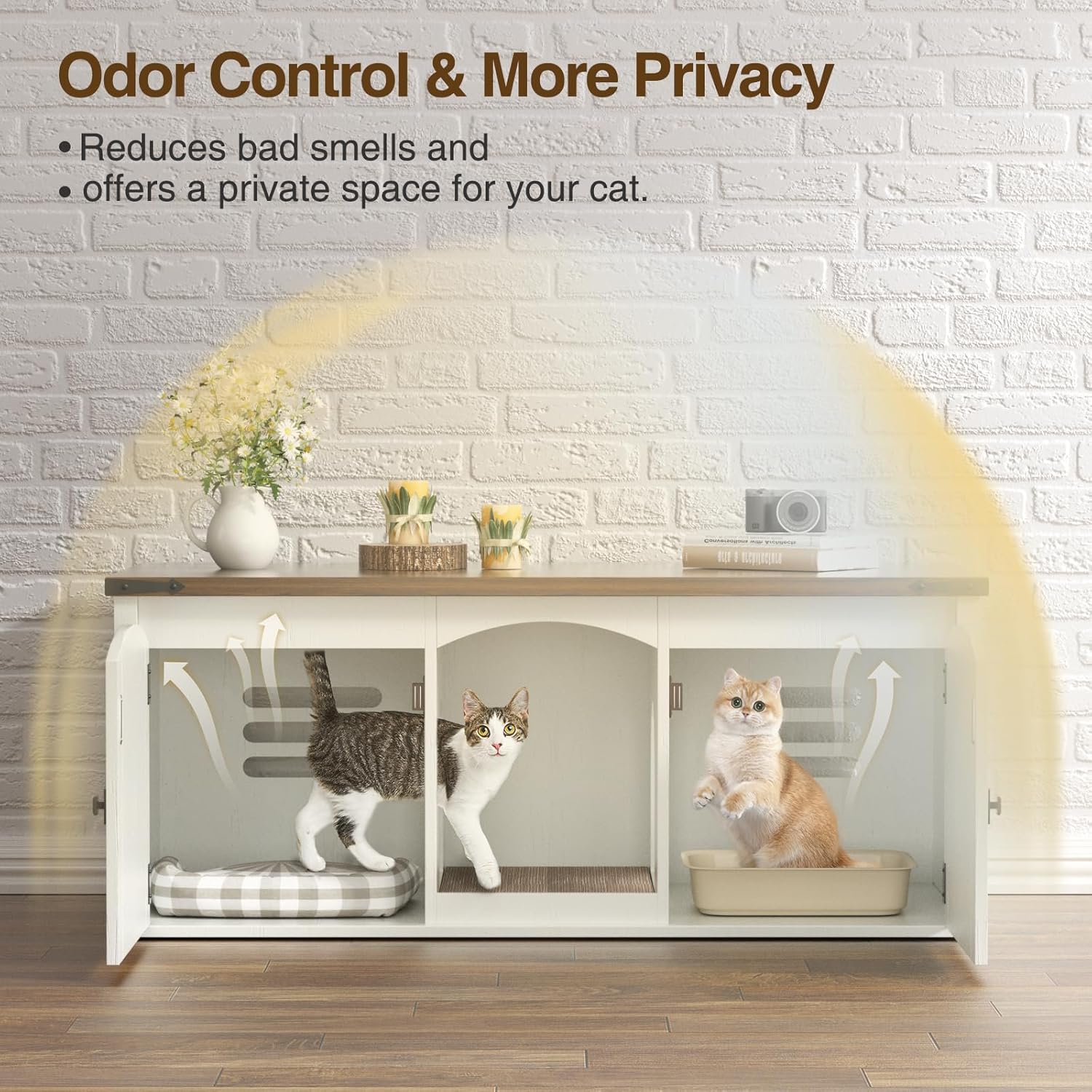 VEANERWOOD Cat Litter Box Enclosure for 2 Cats, Large Cat House with Double Rooms & Scratch Pad for Living Room, Bedroom, Wooden Enclosed Cat Litter Box Furniture