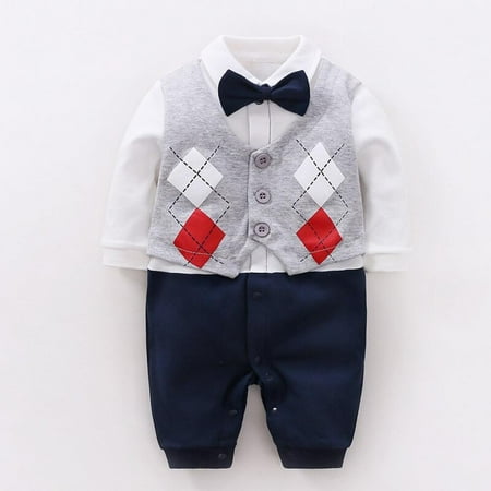 

Baby Clothes for boys Infant Baby Gentleman Fake 2 Piece Design Long Sleeve Rompers Kids Boys Bodysuit With Bowknot Jumpsuit Newborn Clothes