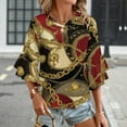 thumbnail image 3 of Gold Chains Red Black Pattern Women's V-Neck Blouse With 3/4 Ruffled Bell Sleeves Casual Top Ladies Blouses, 3 of 7