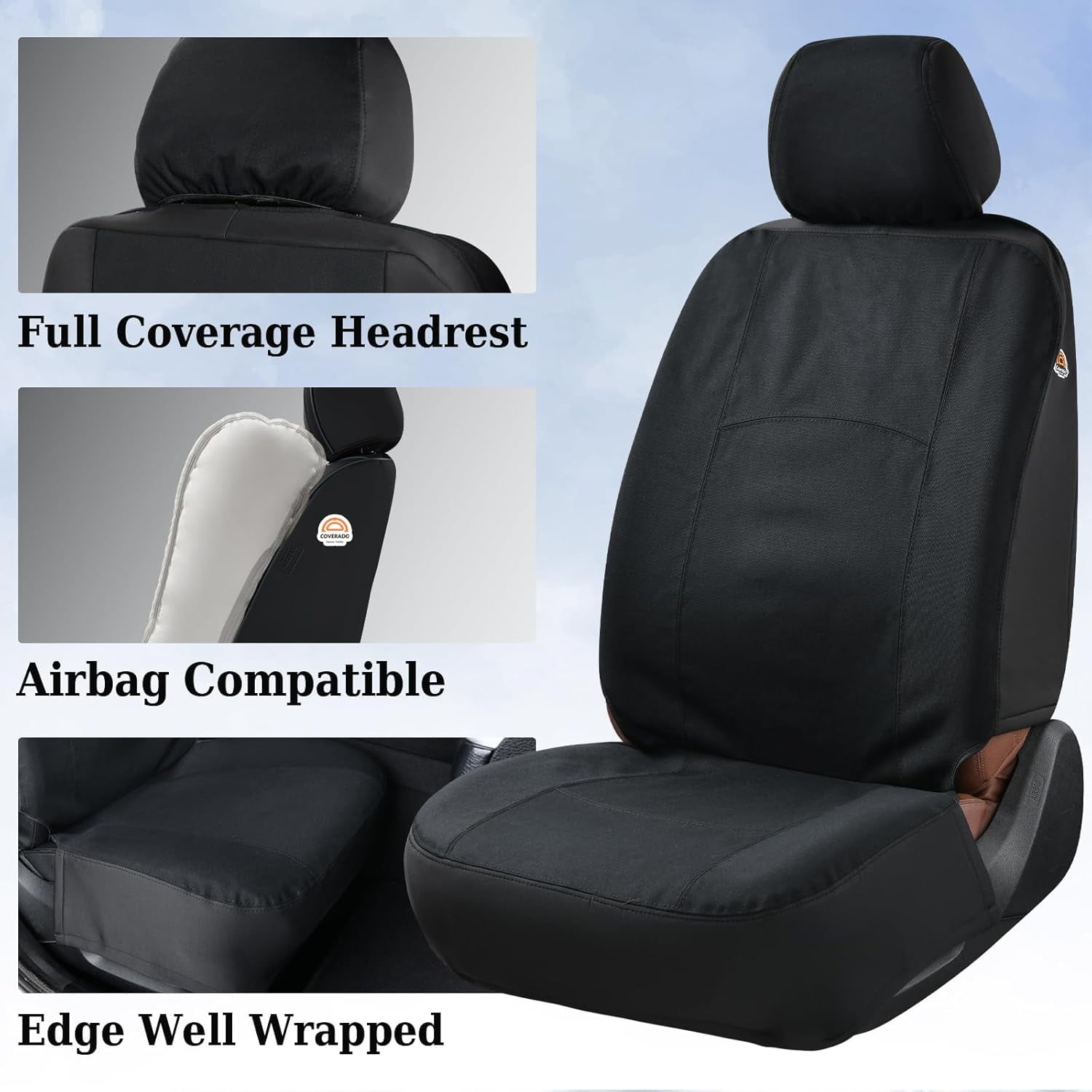 Coverado Front Car Seat Covers 2 Seats, Waterproof Canvas Seat Protectors, Car Seat Cushions for Kids & Dogs, Universal Fit Most Cars SUV Trucks, Black