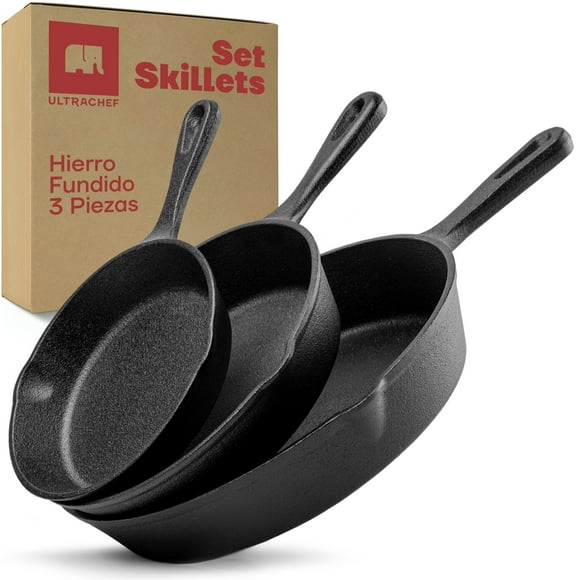 Ultrachef Juego de 3 Sartenes de Hierro Fundido con Mango Largo, Previamente Curado, Cast-Iron Skillet, Set de 3 piezas (6, 8 y 10), Negro