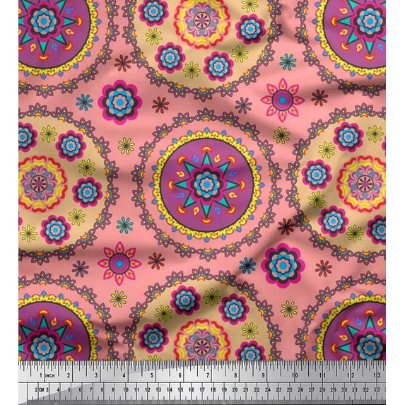 Soimoi Japan Crepe Satin Fabric Floral Mandala Printed Craft Fabric by the Yard 42 Inch Wide