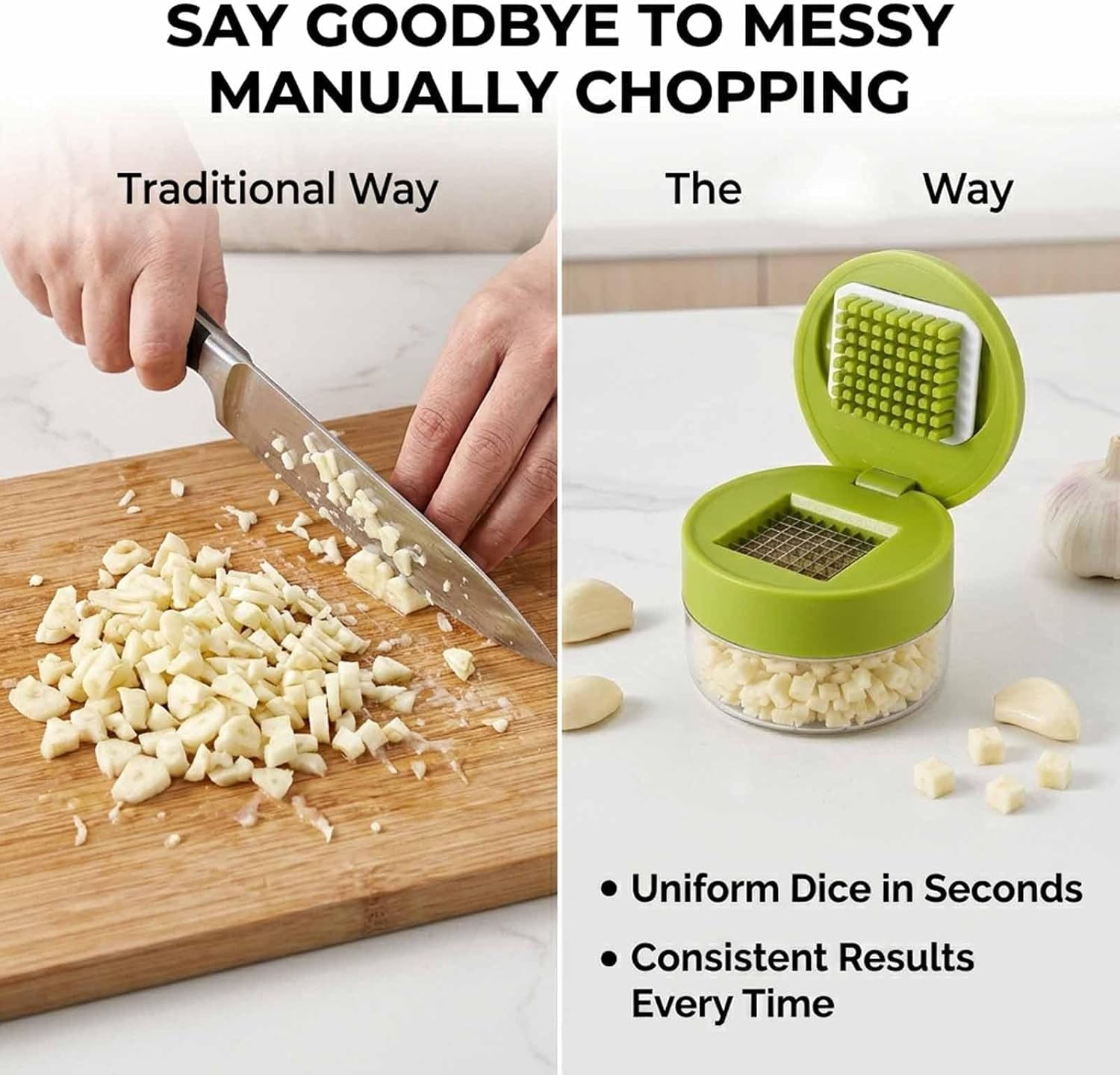 Stainless Steel Garlic Press with Integrated Container – Mess-Free Chopper and Mincer Tool, Dishwasher Safe, Versatile Mini Food Chopper