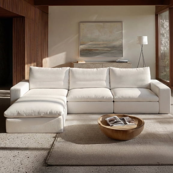 Vorthio 113.8" Cloud Couch Oversized Modular Sectional Sofa, 3 Seater with Ottoman, Modern L Shaped Comfy Sofa, Wide & Deep Seat Couches with Metal Frame, White