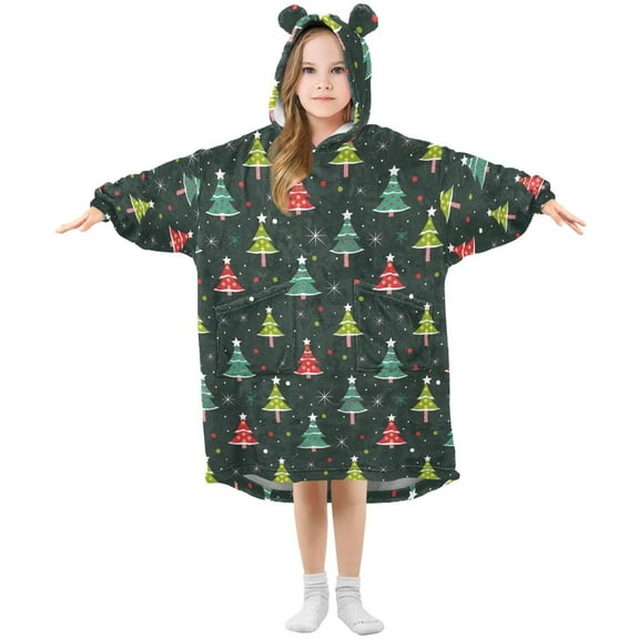Wearable Blanket Hoodie for Kids Christmas Tree Glitter Flannel Hooded Blanket with Pockets and Sleeves Suitable for Boys and Girls