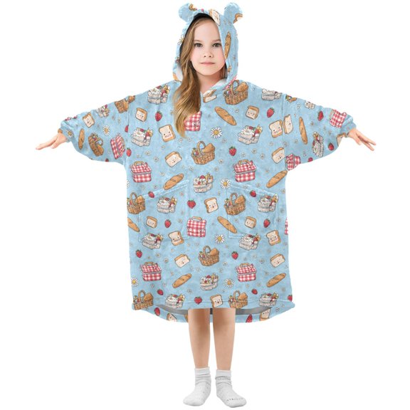 Wearable Blanket Hoodie for Kids Cute Picnic Elements Flannel Hooded Blanket with Pockets and Sleeves Suitable for Boys and Girls
