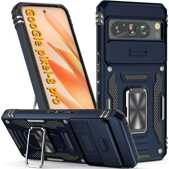 Military Grade Ring Holder Case with Camera Lens Cover for Google Pixel 8 Pro - Blue