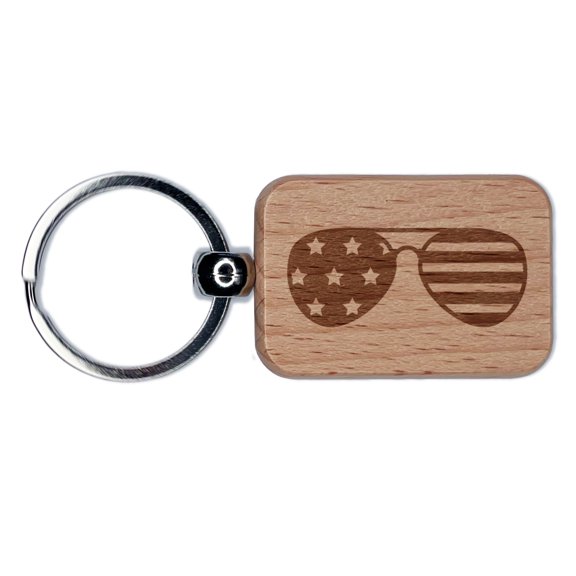 Patriotic Aviator Sunglasses American Flag Rectangle Keychain Charm Tag - Engraved Wood