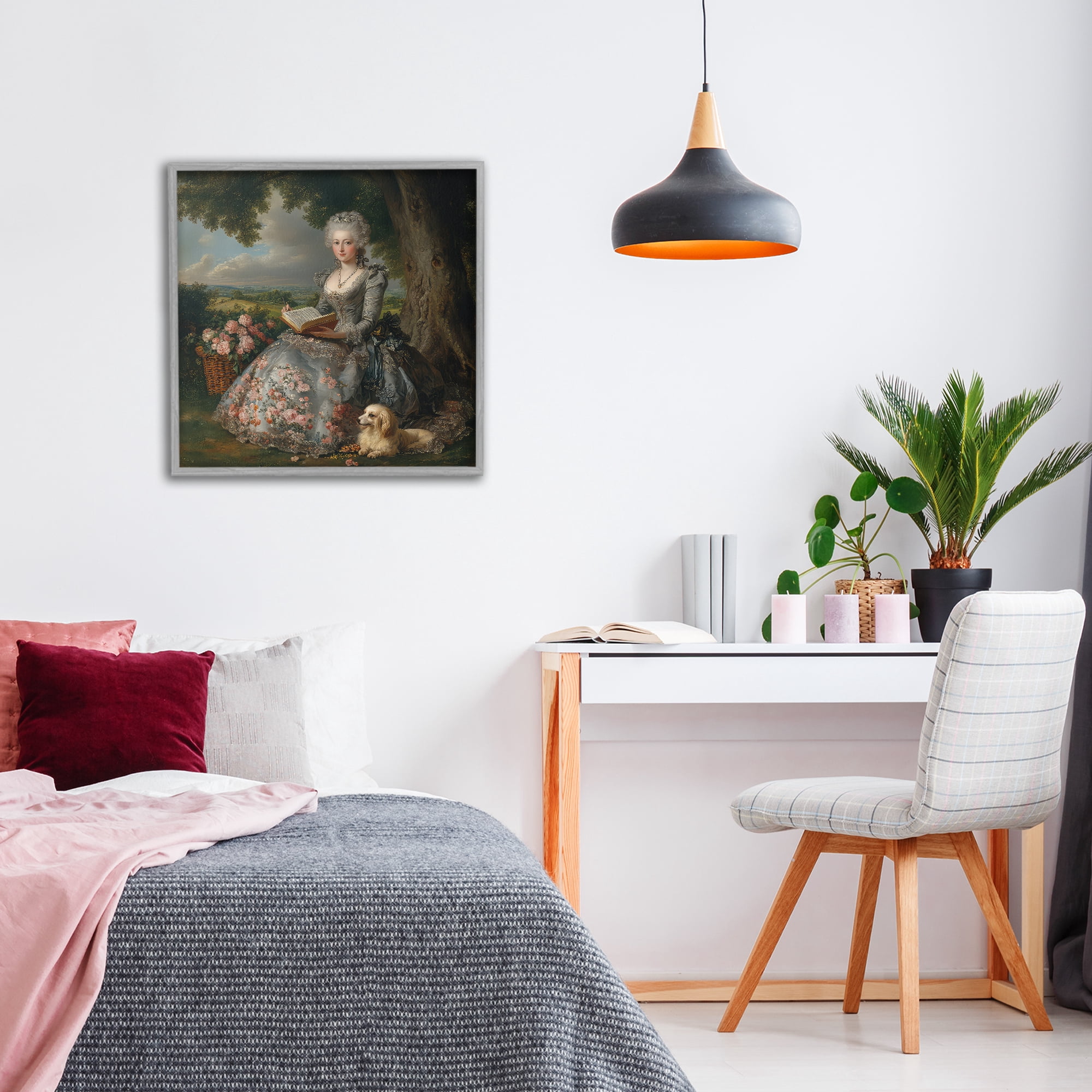 Stupell Industries Reading Rococo Lady with Dog Gray Framed Giclee Art, design by The Wands Want