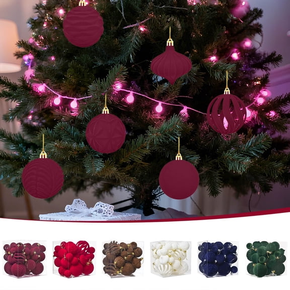 Christmas Tree Ornaments Balls, 36 Pack Flocked Christmas Tree Ornaments Red Velvet Painted Hanging Balls
