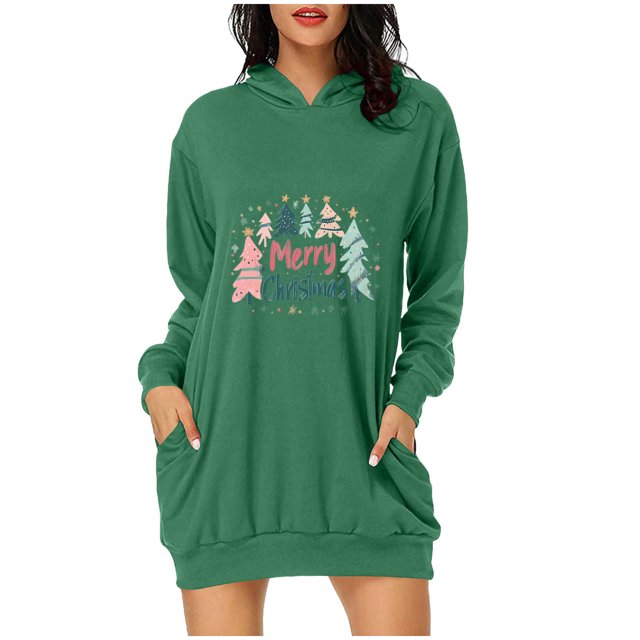 Pisexur Robe de Noël pour Femmes Imprimé Arbre de Noël Sweat à Capuche Robe de Vacances Décontractée Manches Longues Mini Robes de Fête d'Automne pour Femmes avec Poches