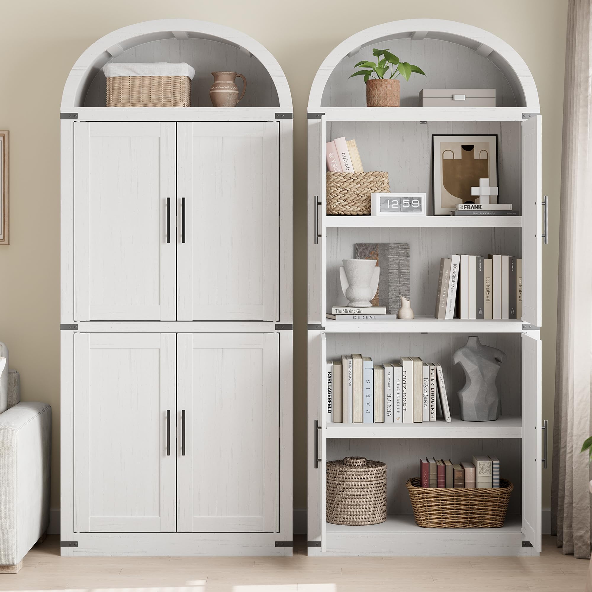 Kselythan 71.6"H  Tall Arched Kitchen Pantry Cabinet,Modern Farmhouse Storage Cabinet Arch Hutch Cabinet,Large Bookshelf with Doors,Arched Bookcase with Cabinet,5 Tier Kitchen Cabinet Cupboard