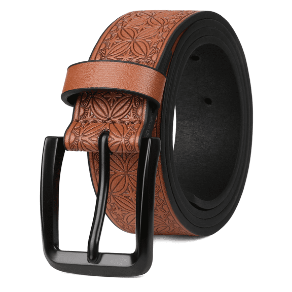 SENDEFN Men's Casual Leather Jeans Belts Vintage Leather Engraved Strap with Single Prong Buckle